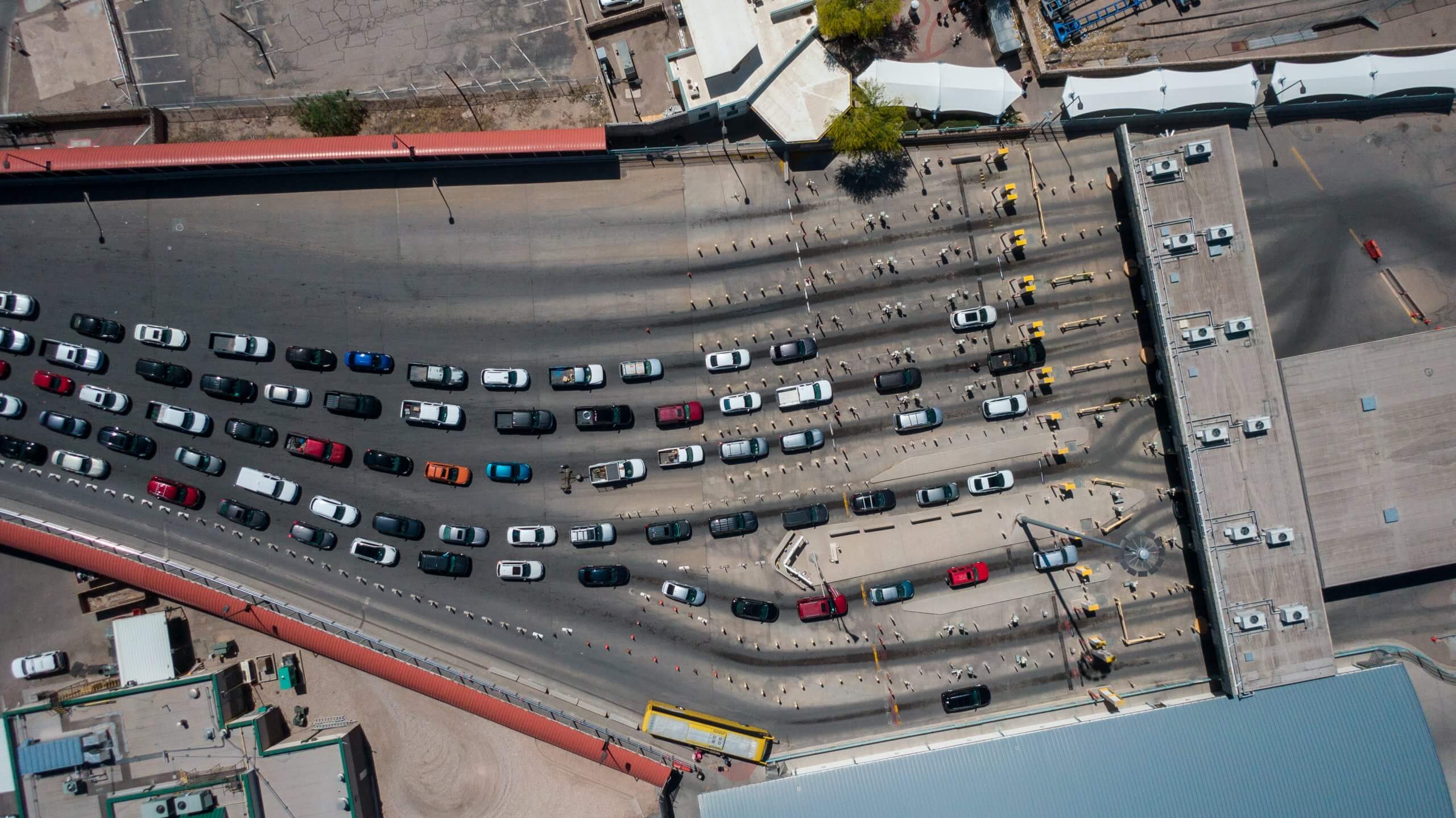 Top Down Shot of the U.S. Customs and Border Protection – Paso del Norte Port of Entry with Long Lines of Cars Entering the Untied States